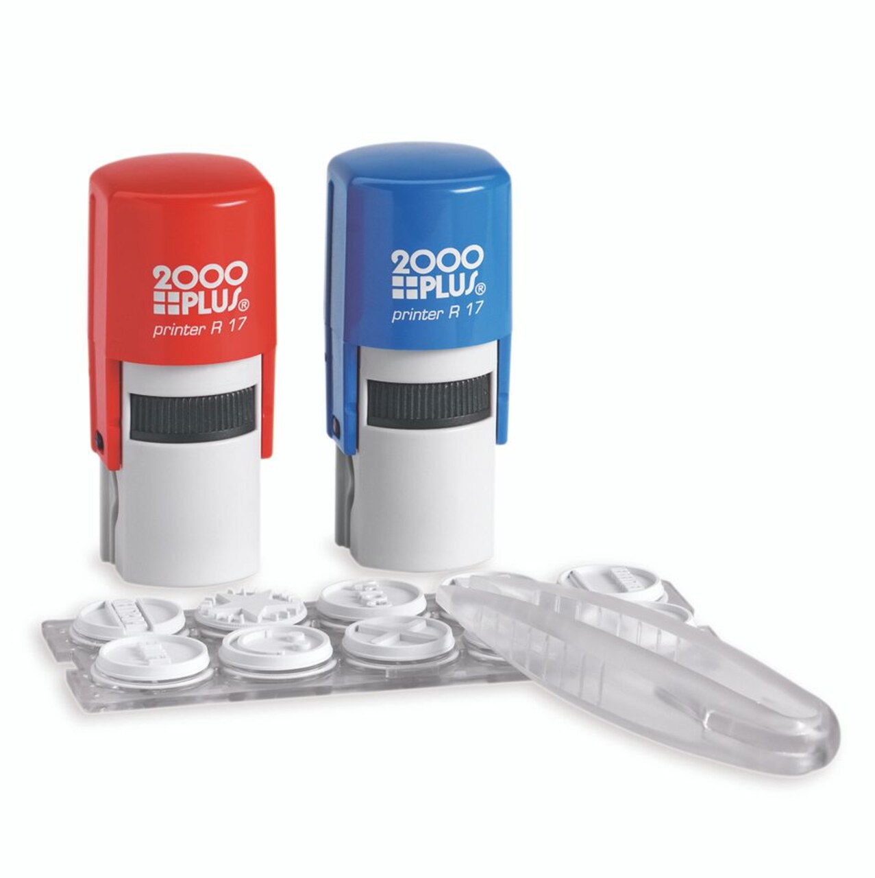 2000 PLUS Office Specialty Stamp Kit, 10 Interchangeable Stamp Message Dies, 1 Red and 1 Blue Stamp, Tweezers, Red and Blue Stamp Pads